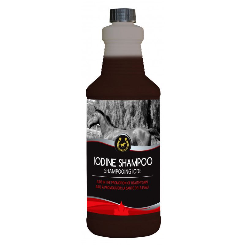 Shampoing à l'iode Golden Horseshoe de Ger-Ryan, soin capillaire en bouteille d'1 litre avec design élégant.