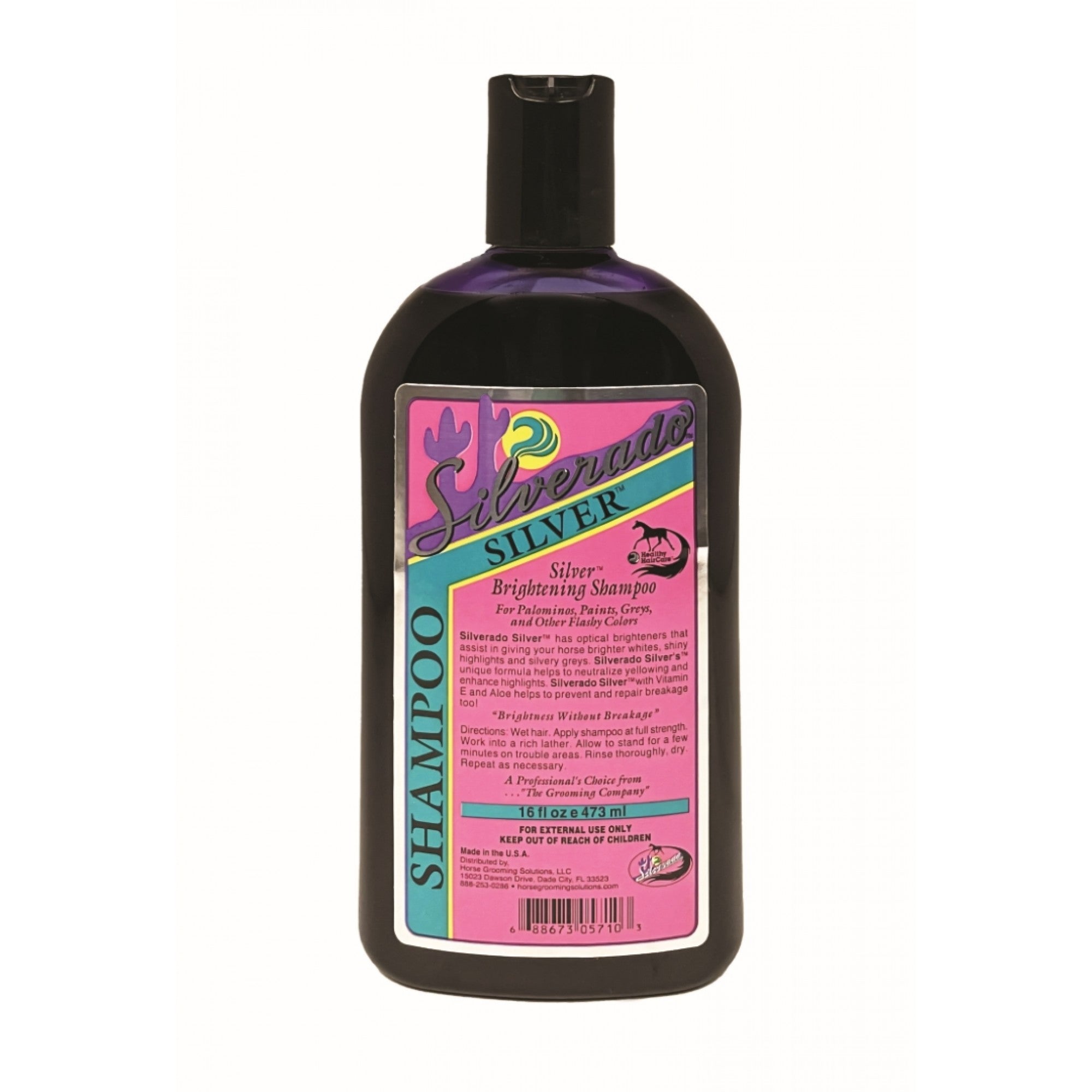 Shampoing bleu Silverado Cavalier de 473 ml pour cheveux blonds ou gris, soin capillaire en bouteille.