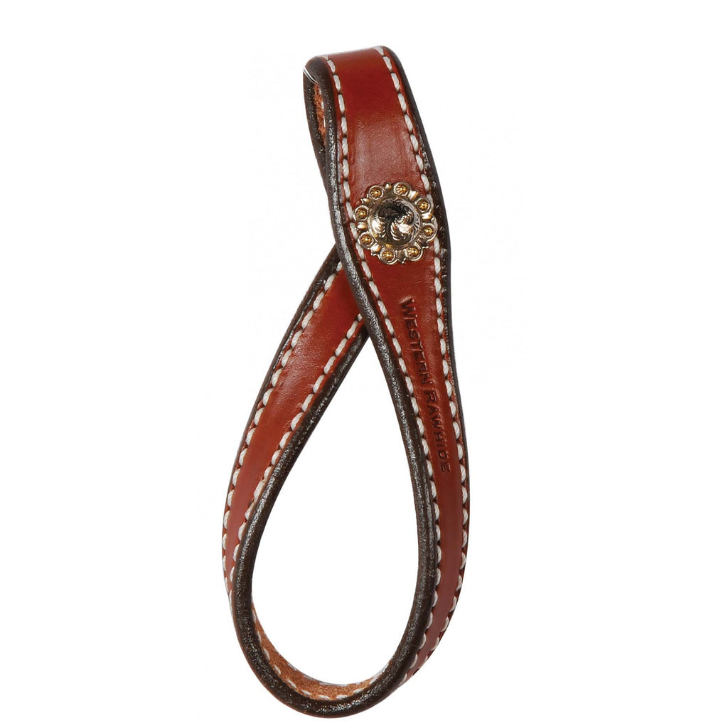 Soutien à tie down Western Rawhide avec concho en cuir pour l’équipement équestre, visible avec boucle et détails en métal.