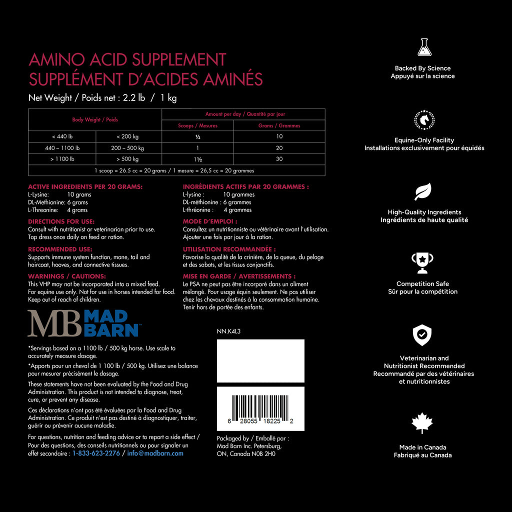 Supplément amino-acides Three Amigos de Madbarn pour chevaux, favorise la croissance musculaire et la santé du dos.