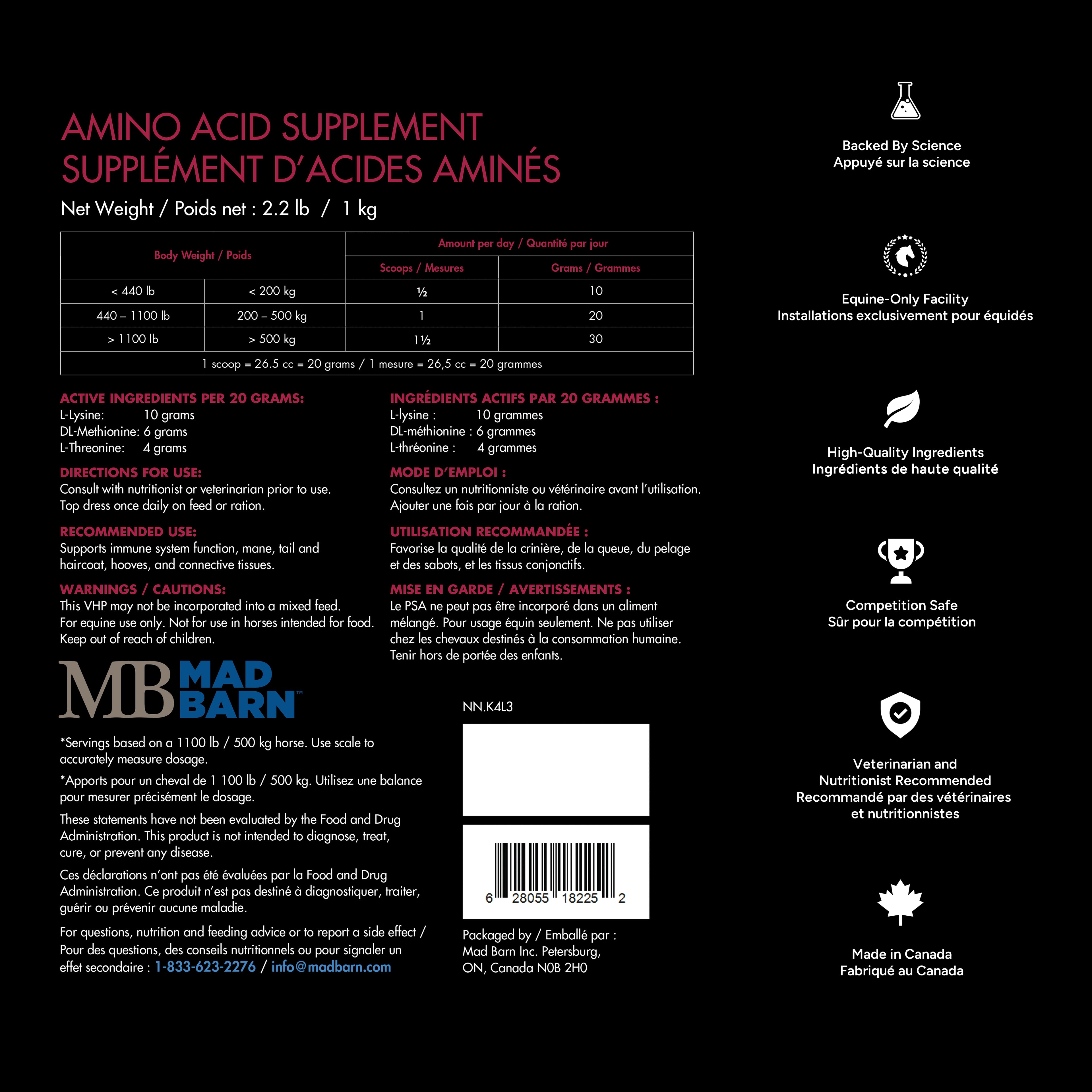 Supplément amino-acides Three Amigos de Madbarn pour chevaux, favorise la croissance musculaire et la santé du dos.