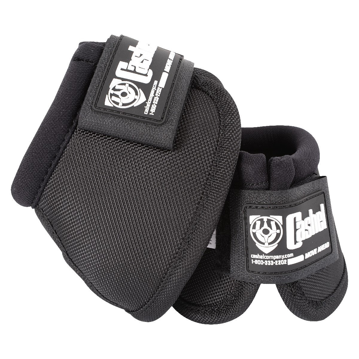 Paire de cloches No-Turn Cachel noires de la marque Equibrand, en plastique robuste, pour la protection des animaux.