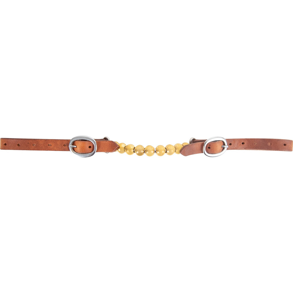 Gourmette boule en laiton pour cheval, marque Martin Saddlery, vue rapprochée avec boucle en laiton brillant.