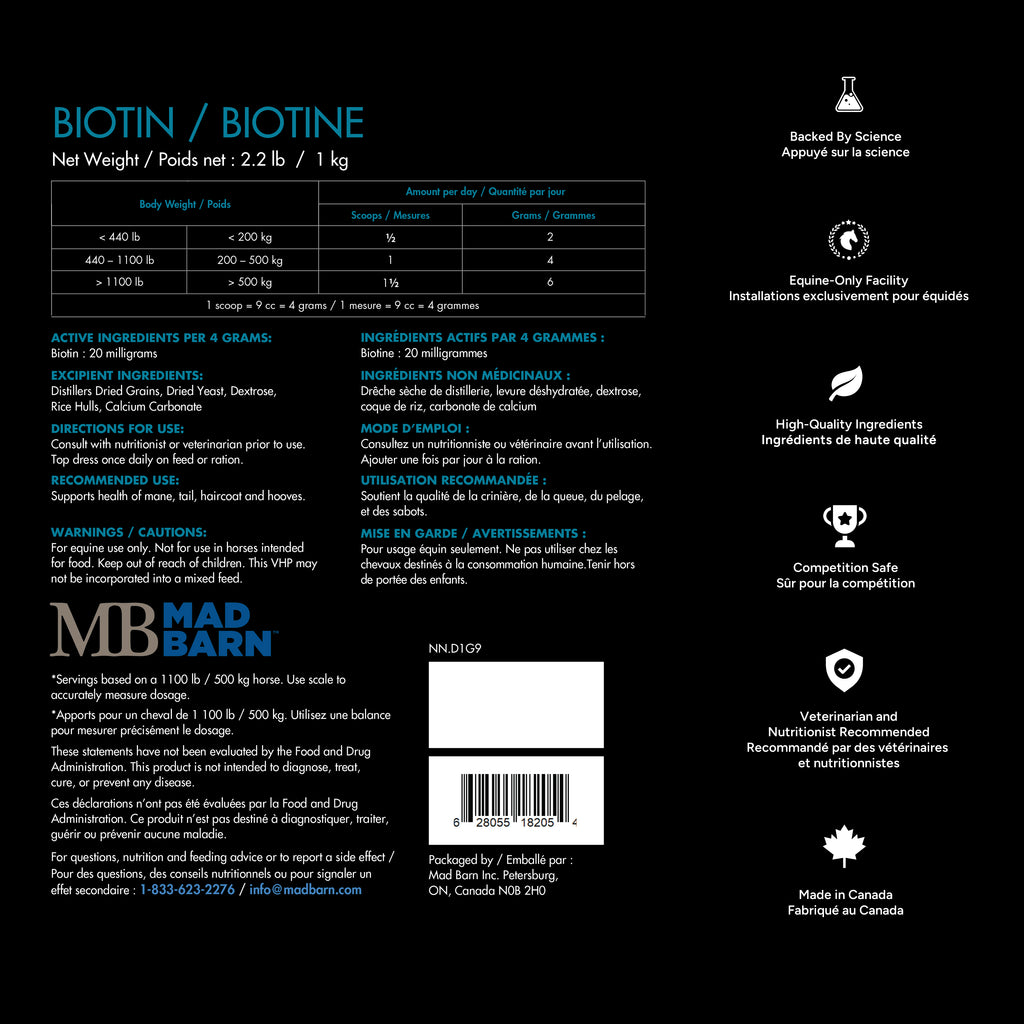 Supplément de biotine Madbarn pour chevaux, 1kg, favorise la santé des sabots avec ingrédients naturels, soin équestre.