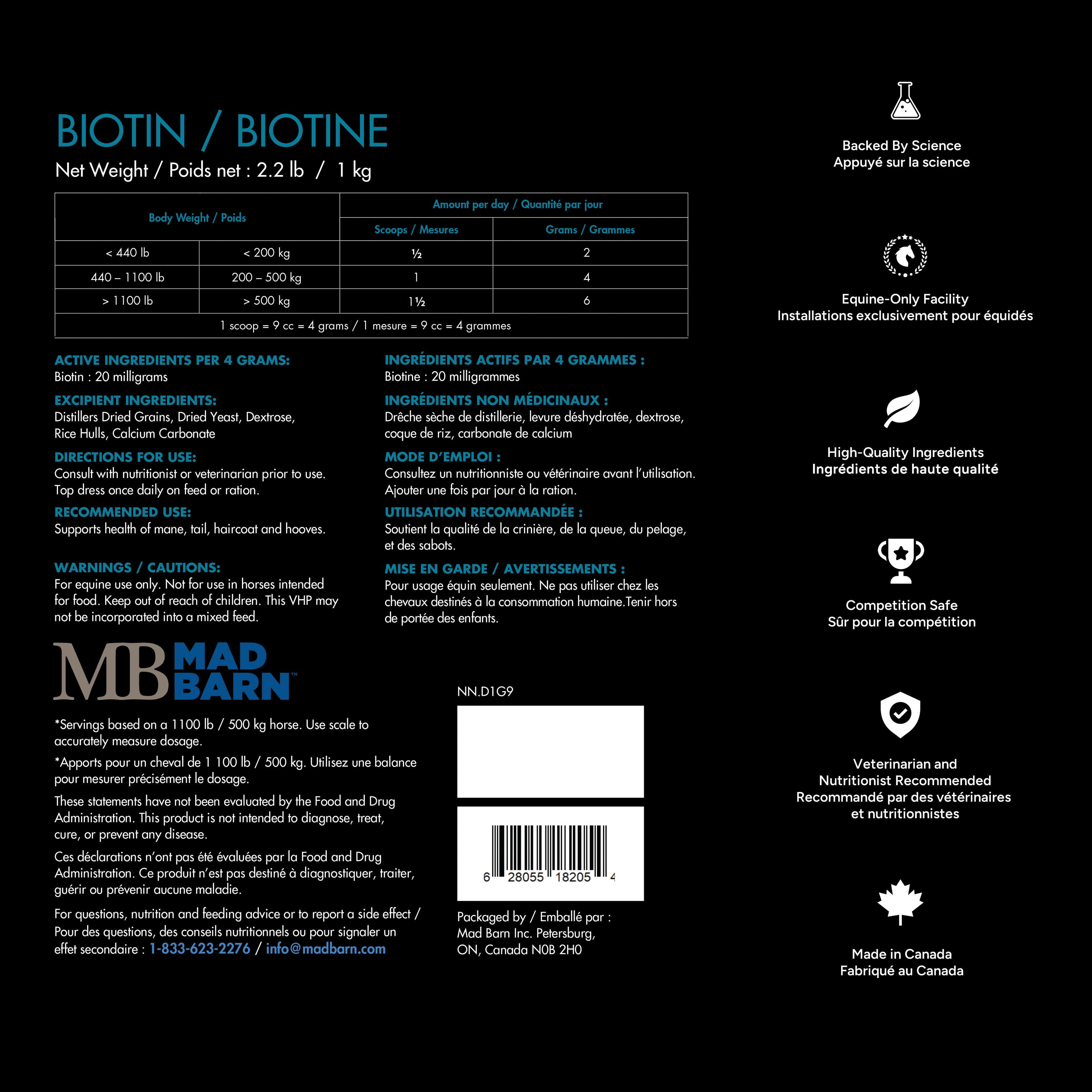 Supplément de biotine Madbarn pour chevaux, 1kg, favorise la santé des sabots avec ingrédients naturels, soin équestre.