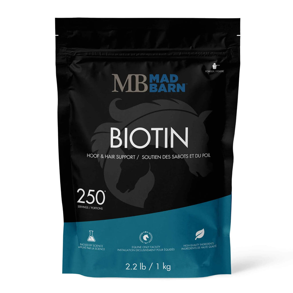 Poudre de biotine Madbarn 1kg pour soins équins, améliore la santé des sabots et la qualité du pelage du cheval.