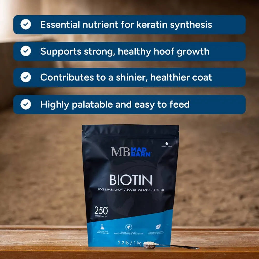Supplément de biotine pour chevaux Madbarn, soin pour la santé des sabots, flacon de 1 kg, vitamine essentielle pour équins.