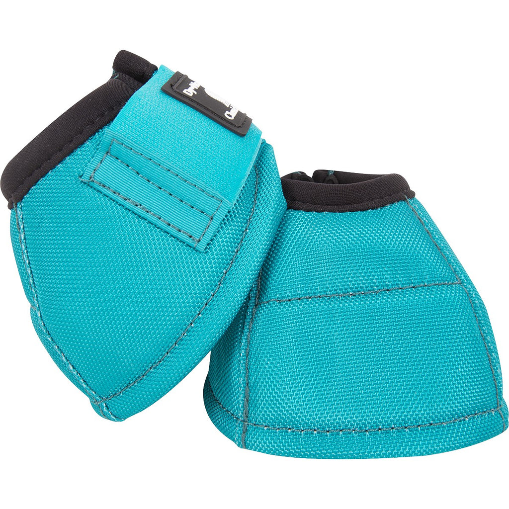 Paire de cloches No-Turn Dyno Aqua de la marque Equibrand, en plastique bleu, conçues pour la gestion des animaux.