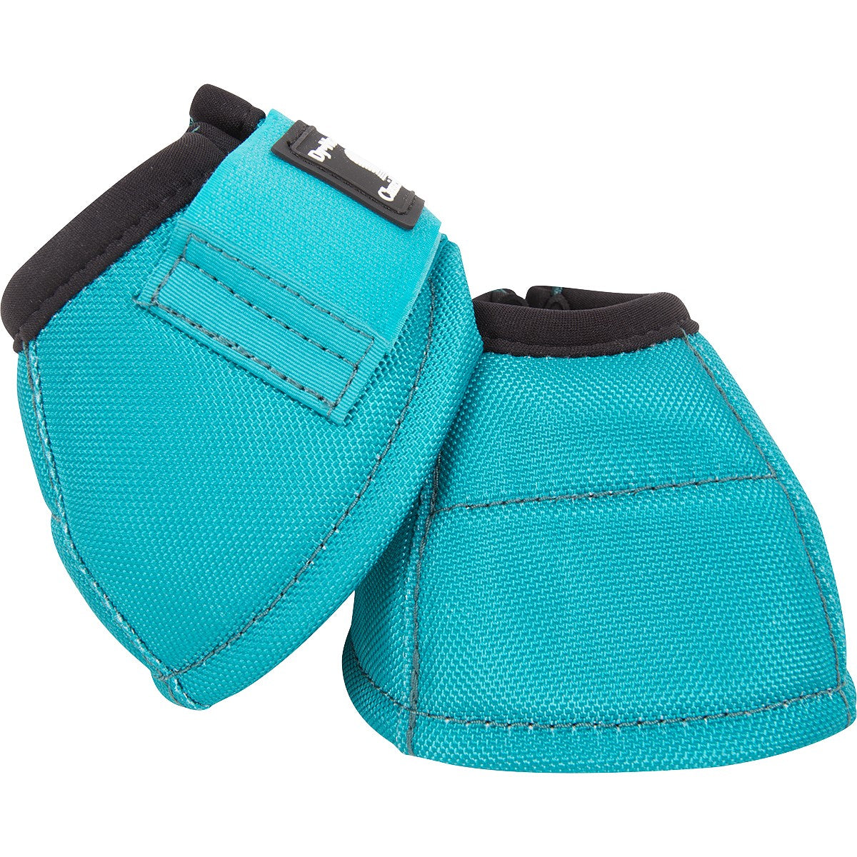 Paire de cloches No-Turn Dyno Aqua de la marque Equibrand, en plastique bleu, conçues pour la gestion des animaux.