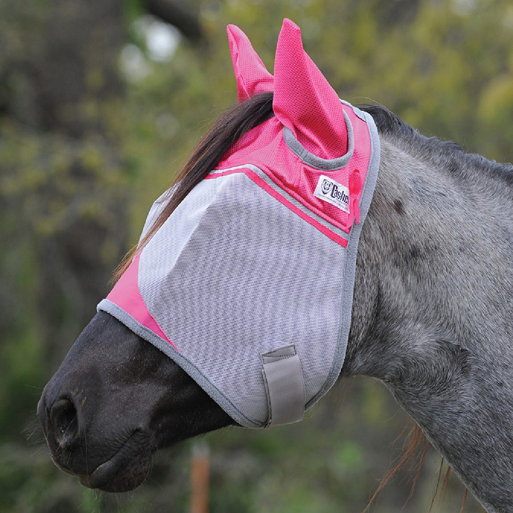 Masque anti-mouches Crusader Standard avec oreilles pour chevaux, en tissu rose, de la marque Equibrand.