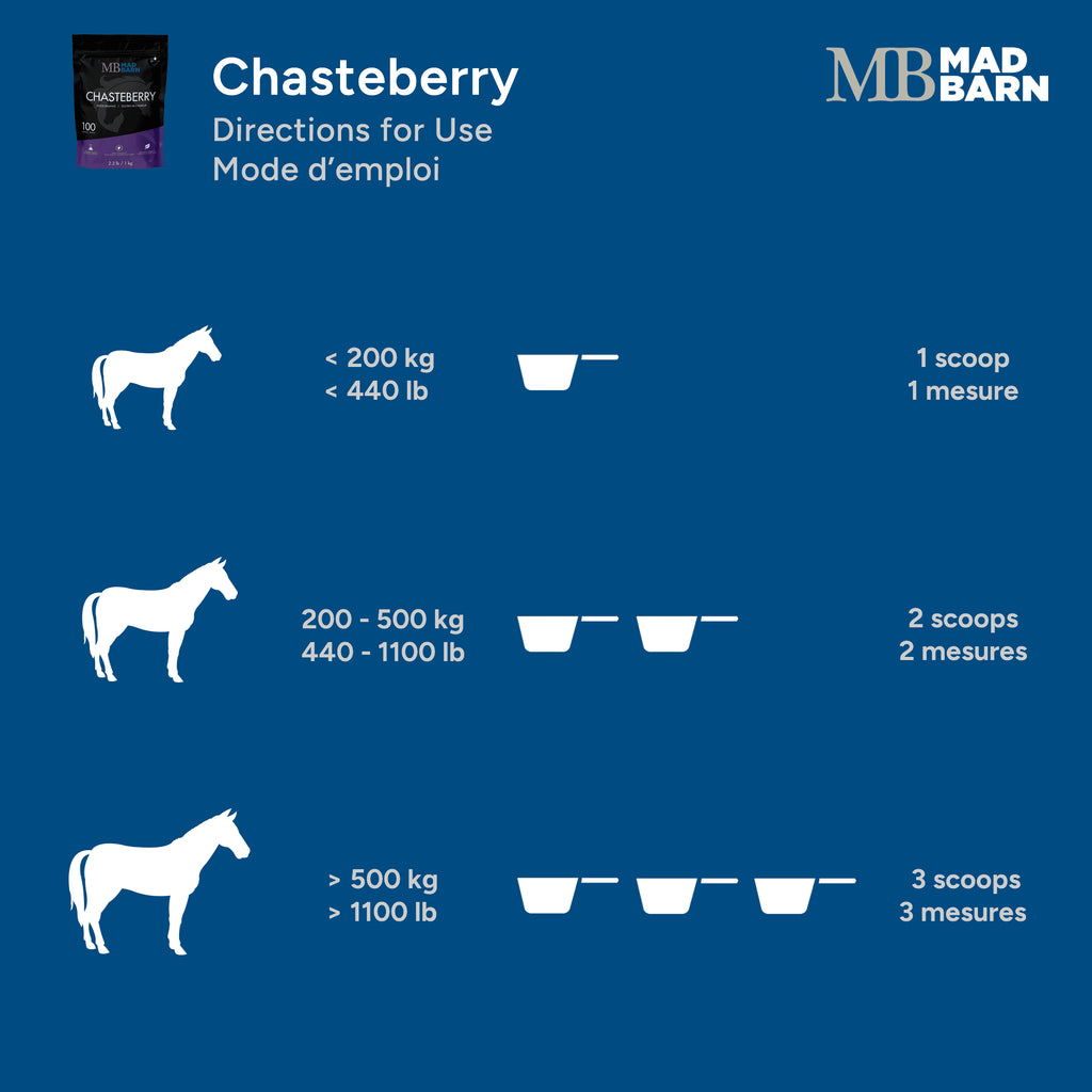Supplément de soin Chasteberry Madbarn pour chevaux, 1 kg, contenant des fruits de gattilier pour la santé équine.