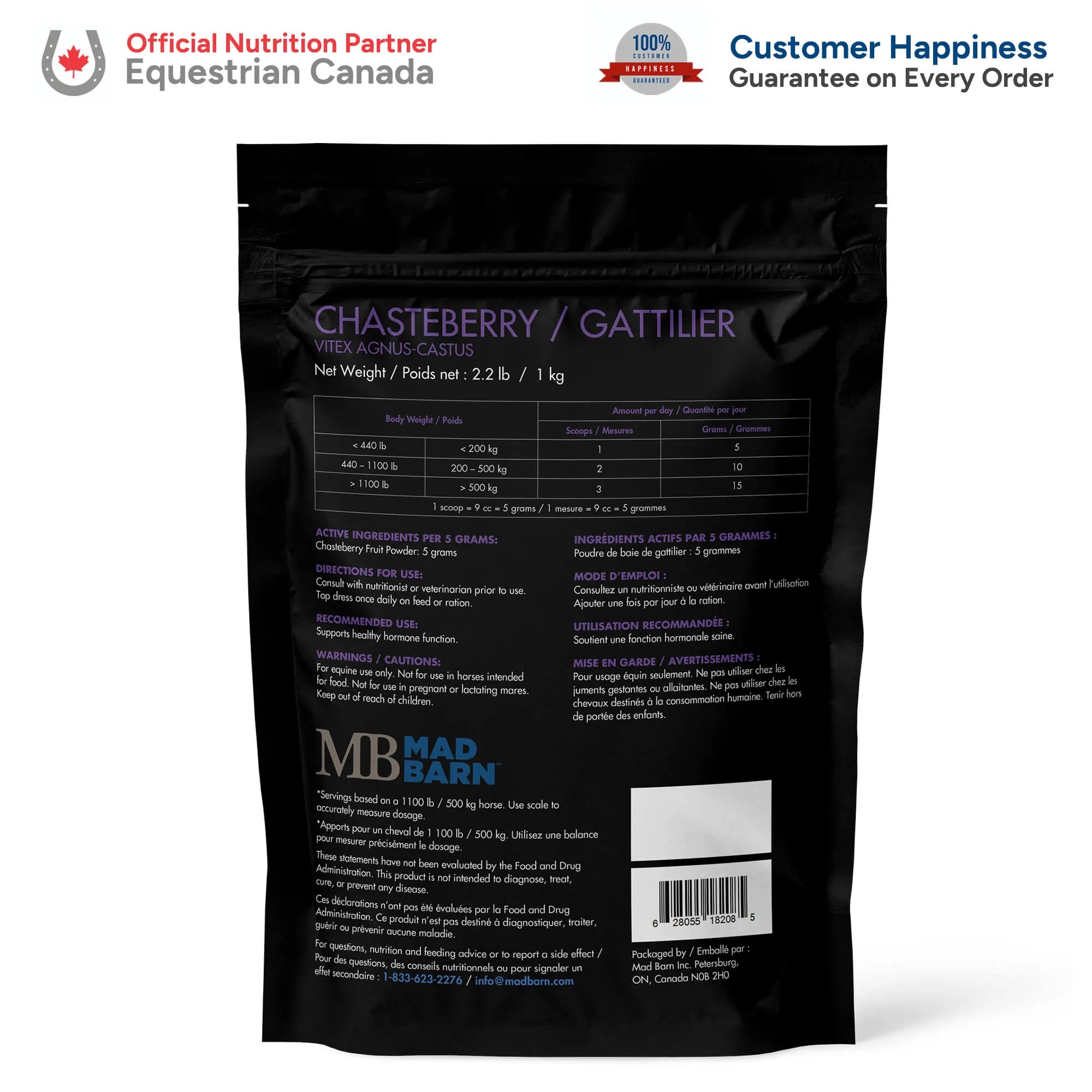 Supplément équin Chasteberry Madbarn, soin pour chevaux, flacon de 1 kg, ingrédients naturels, complément nutritionnel pour chevaux.