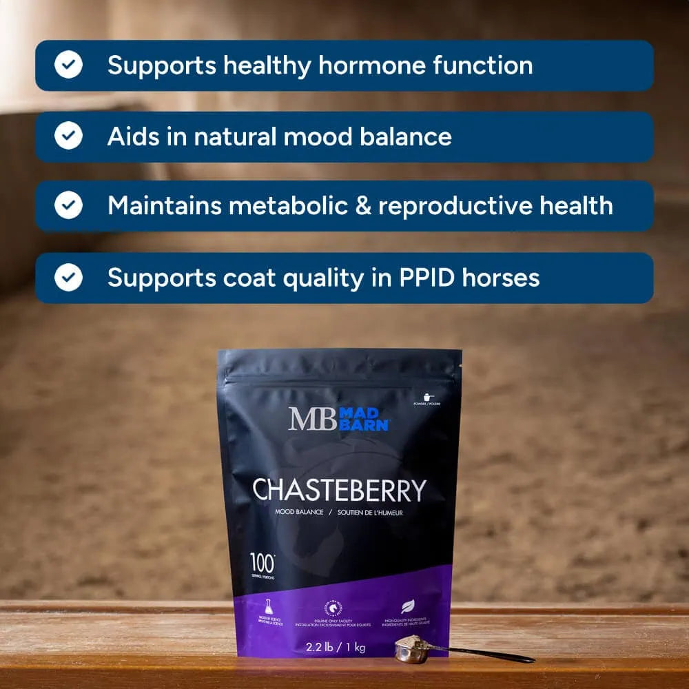 Complément alimentaire Chasteberry Madbarn pour chevaux, 1 kg, soin naturel pour calmer l'humeur équine.