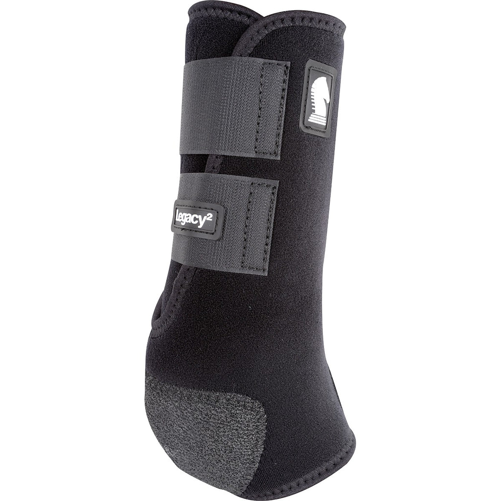 Paire de guêtres avant noir Equibrand Legacy2 pour chevaux, fixation solide et protection efficace pour les jambes.