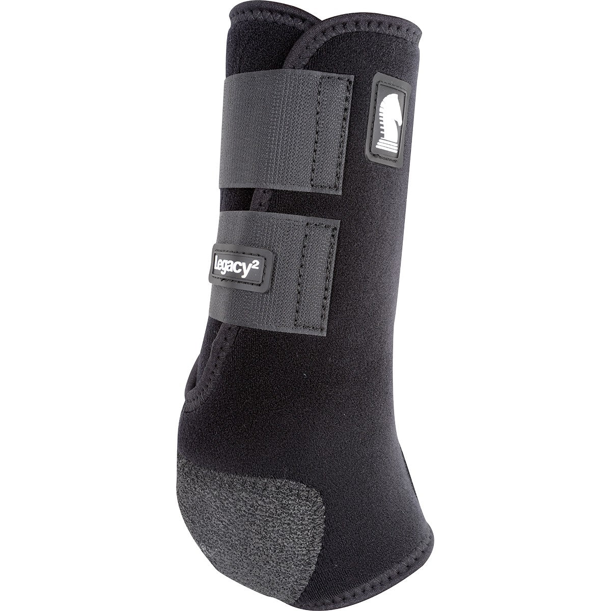 Paire de guêtres avant noir Equibrand Legacy2 pour chevaux, fixation solide et protection efficace pour les jambes.