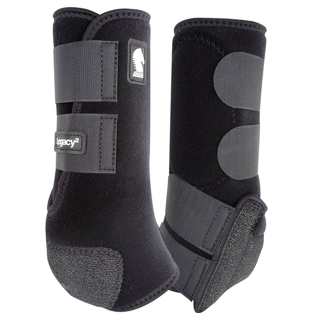 Paire de guêtres avant noir Equibrand Legacy2 pour cheval, protection et maintien pour les jambes.