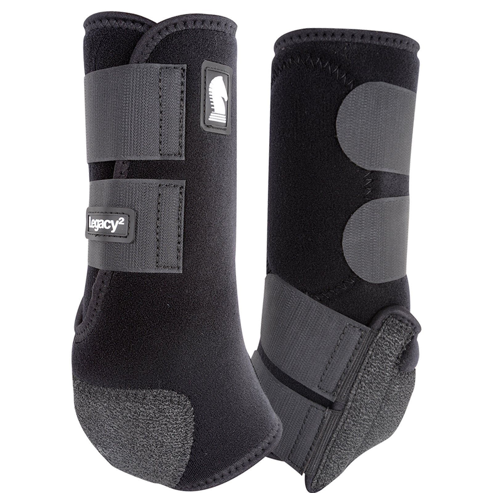 Paire de guêtres avant noir Equibrand Legacy2 pour cheval, protection et maintien pour les jambes.