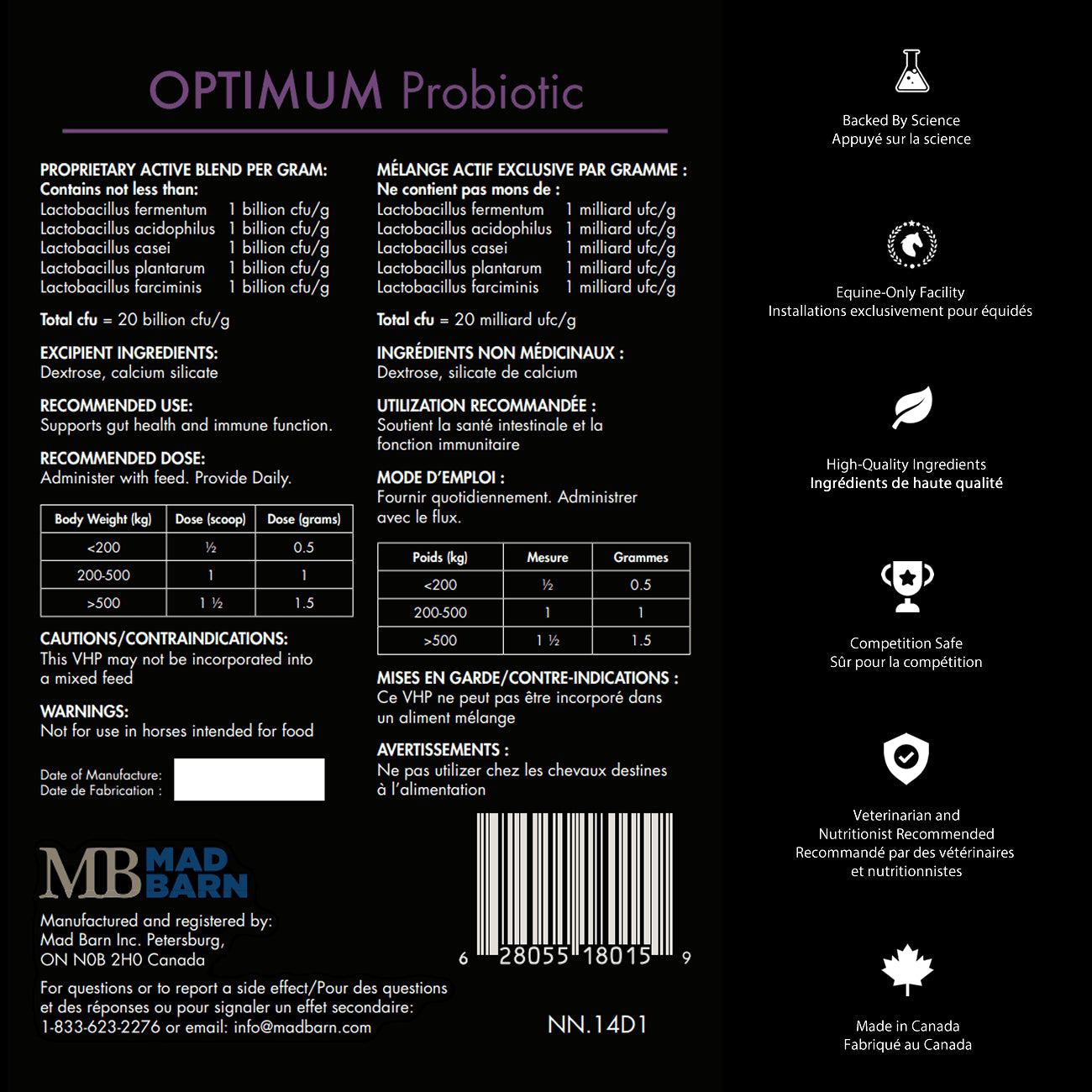 Supplément probiotiques Madbarn Optimum pour équins, 60 g, soins digestifs, contenant des ingrédients bénéfiques pour la santé intestinale.
