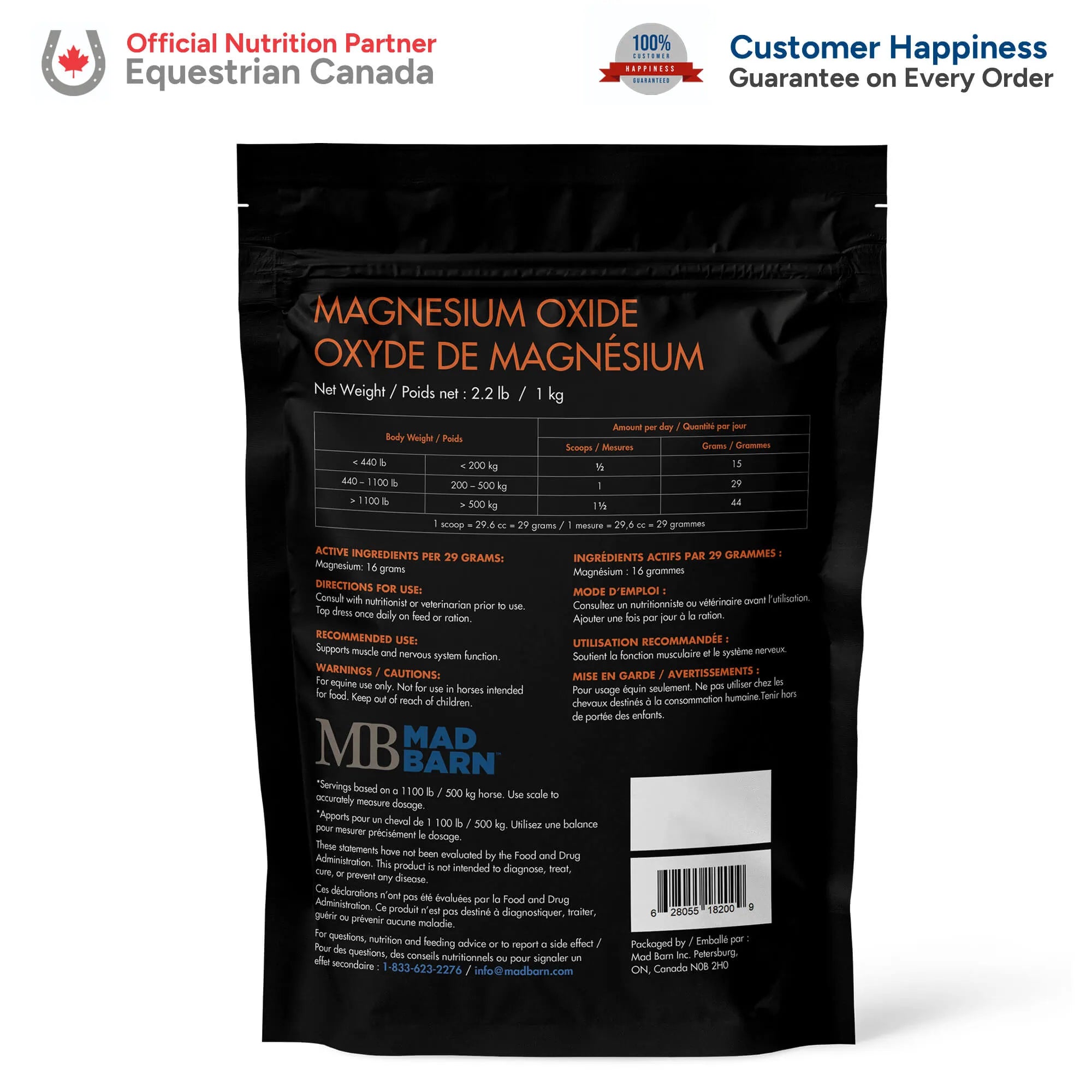 Supplément de magnésium pour chevaux de 1 kg, produit de soins Madbarn avec oxyde de magnésium, nutrition équine.