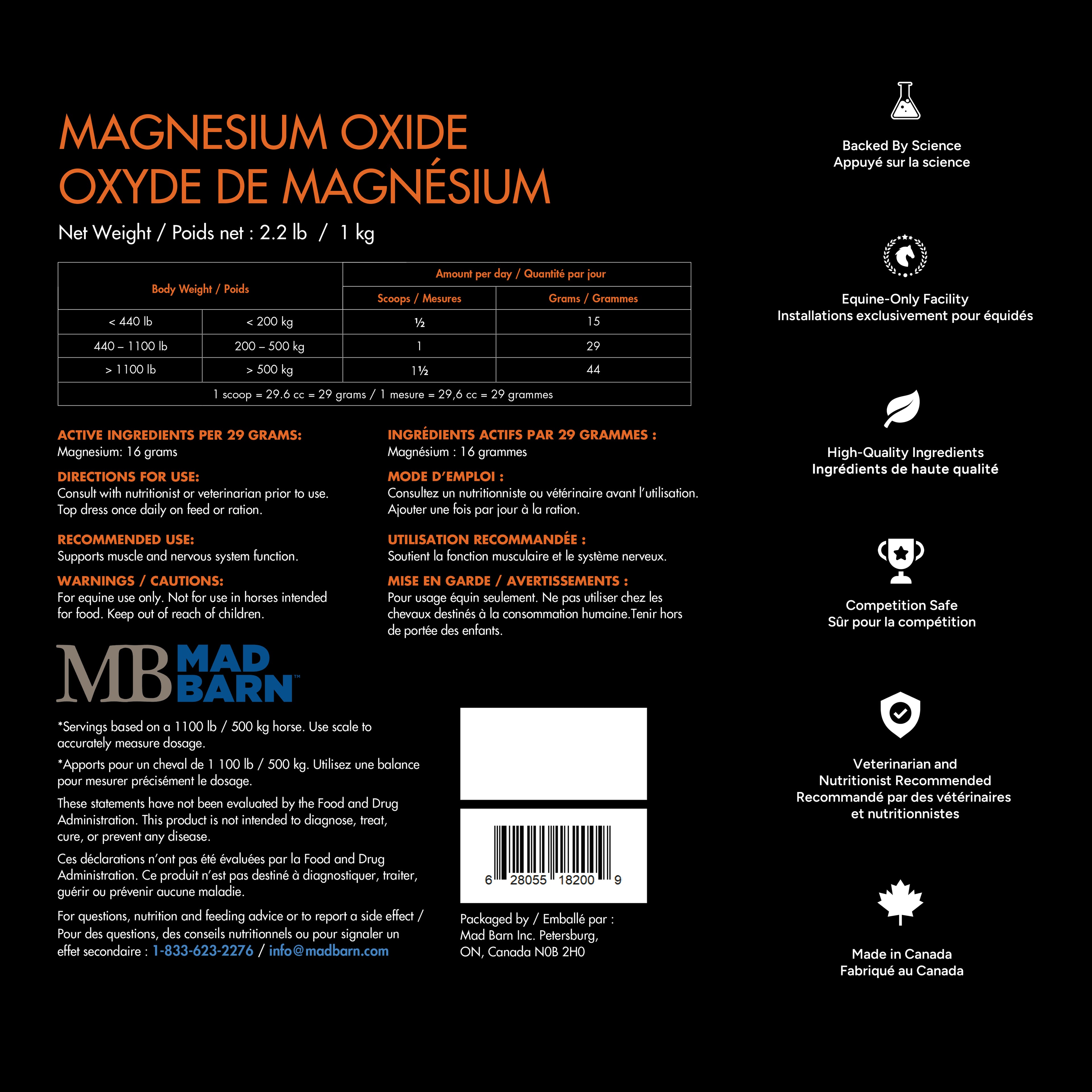 Poudre de magnésium Madbarn pour soins équestres, 1 kg, supplément naturel riche en magnésium pour chevaux.