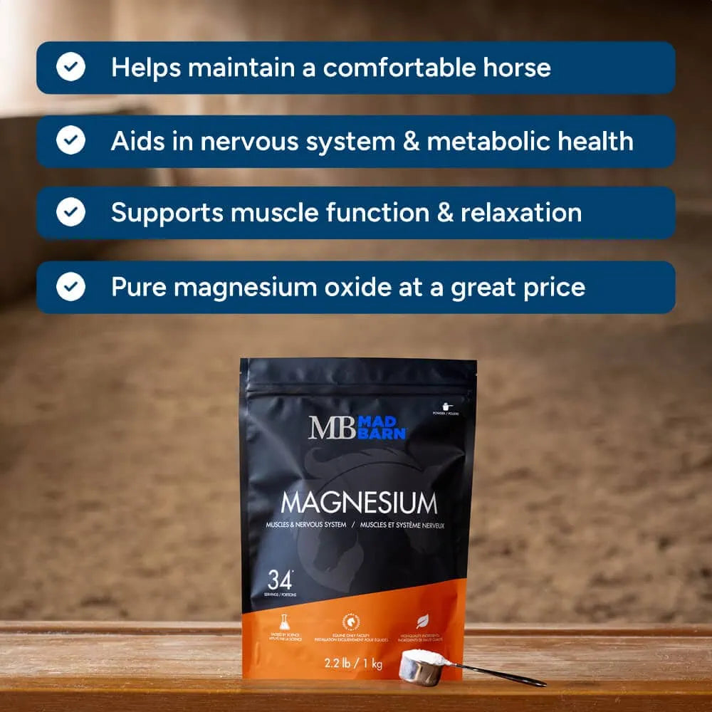 Poudre de magnésium pour chevaux de la marque Madbarn, soin relaxant naturel, en sachet de 1 kg.