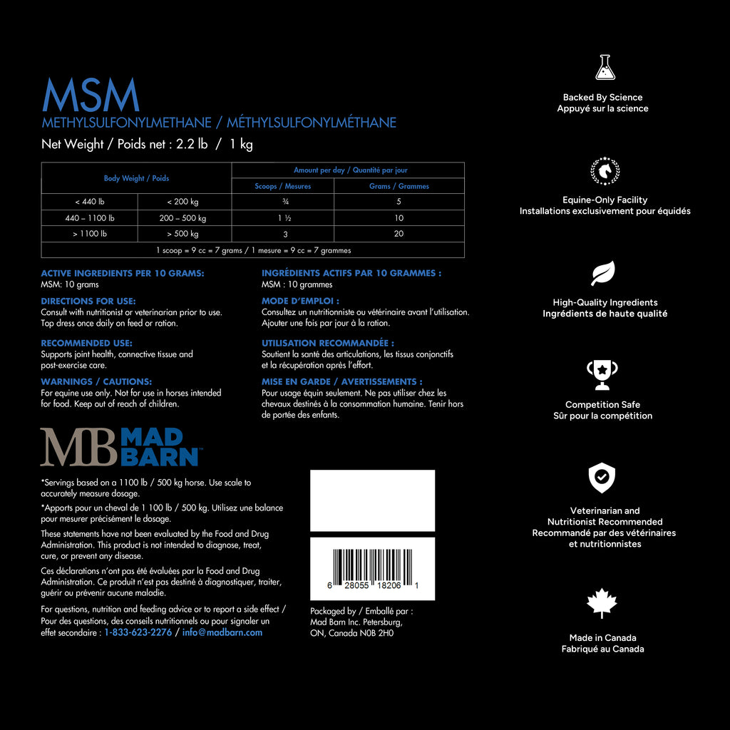 Poudre de MSM Madbarn 1kg pour soins équins, complément pour joints, avec étiquette du produit sur fond blanc.