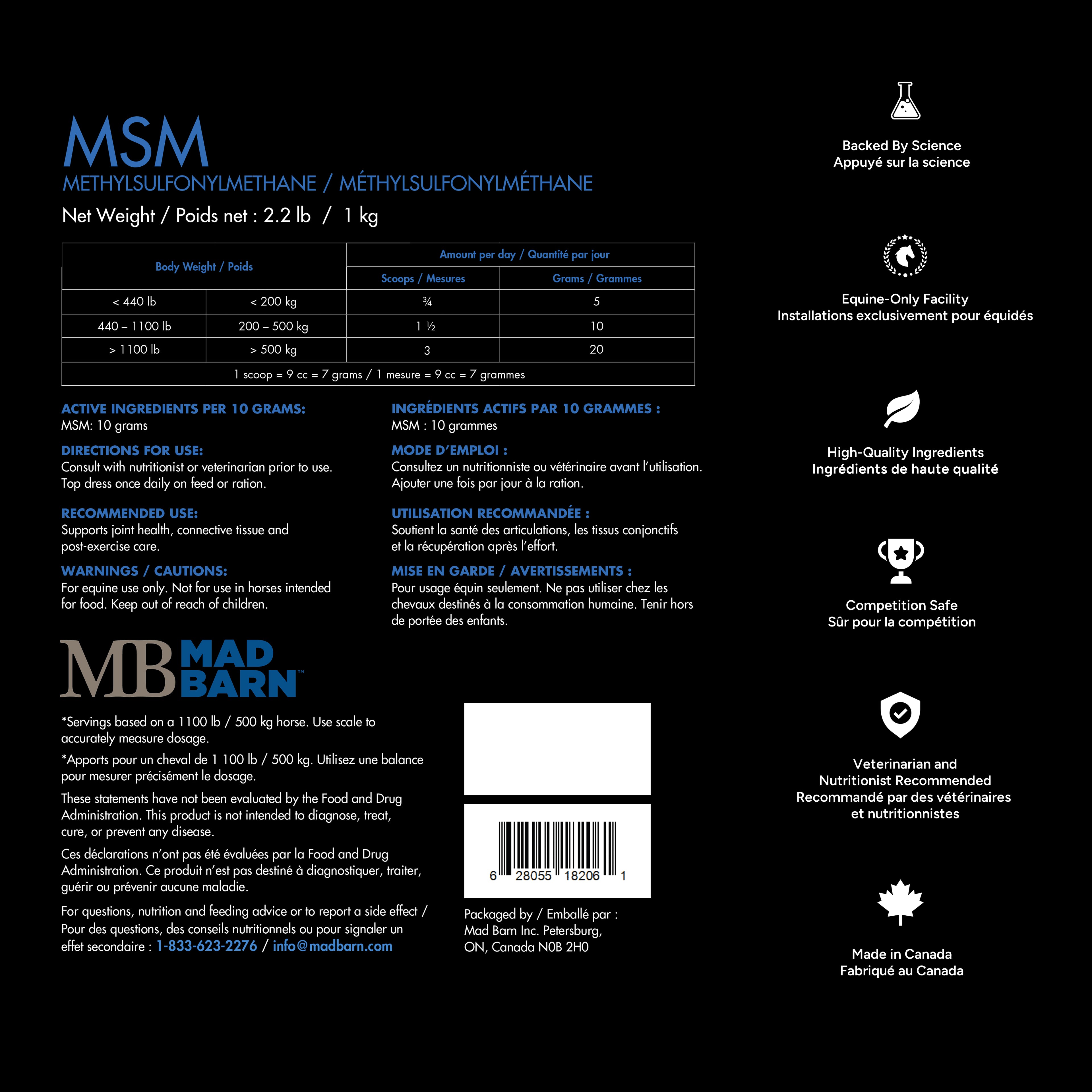 Poudre de MSM Madbarn 1kg pour soins équins, complément pour joints, avec étiquette du produit sur fond blanc.