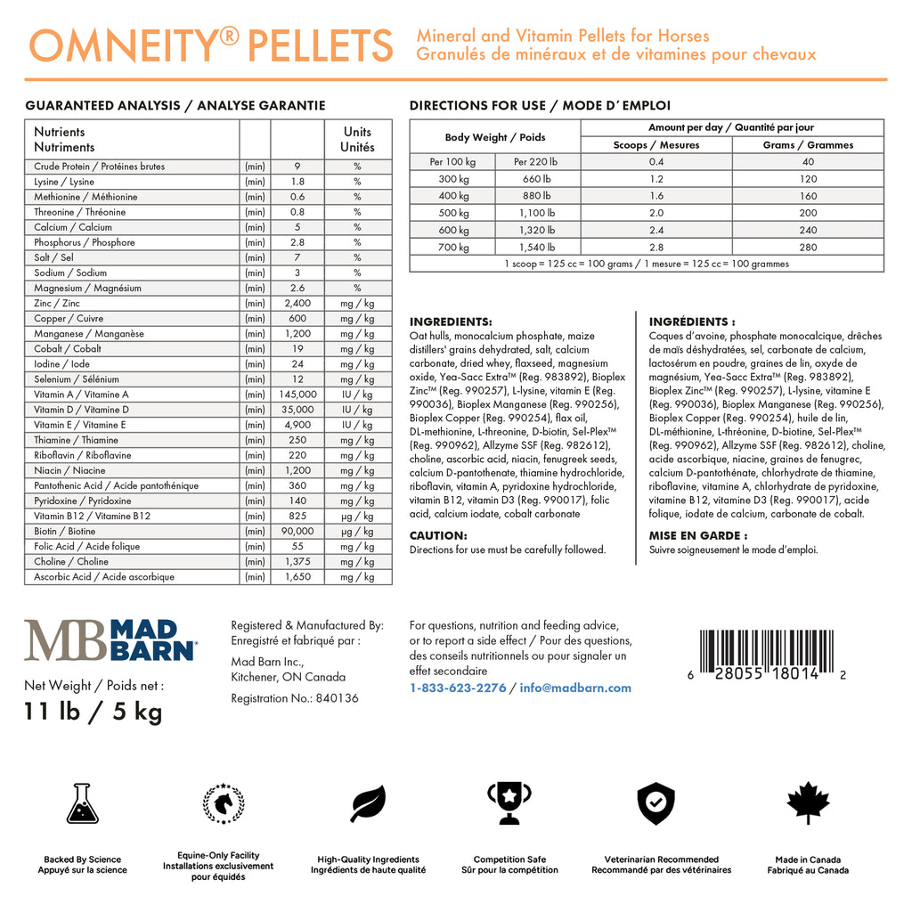 Granulés Omneity® Madbarn pour soins équins, 5 kg, contenant analyse nutritionnelle, vitamines et minéraux pour chevaux.
