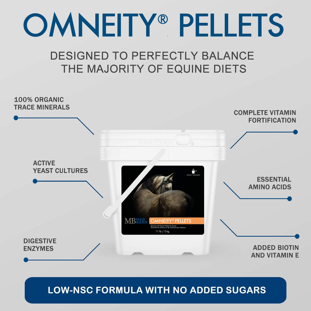 Pellets Omneity® Madbarn pour soins équins, complément vitaminé et minéral en granulés de 5kg pour chevaux.