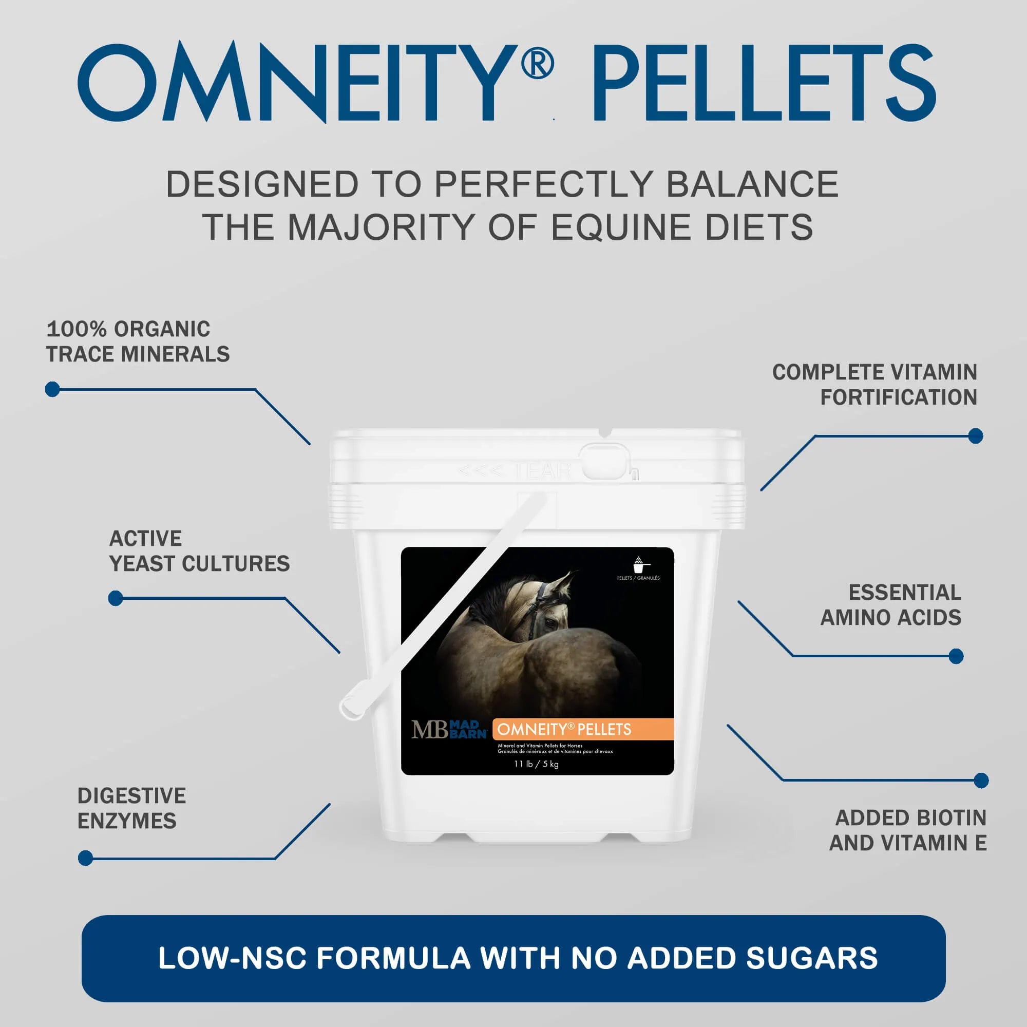 Pellets Omneity® Madbarn pour soins équins, complément vitaminé et minéral en granulés de 5kg pour chevaux.