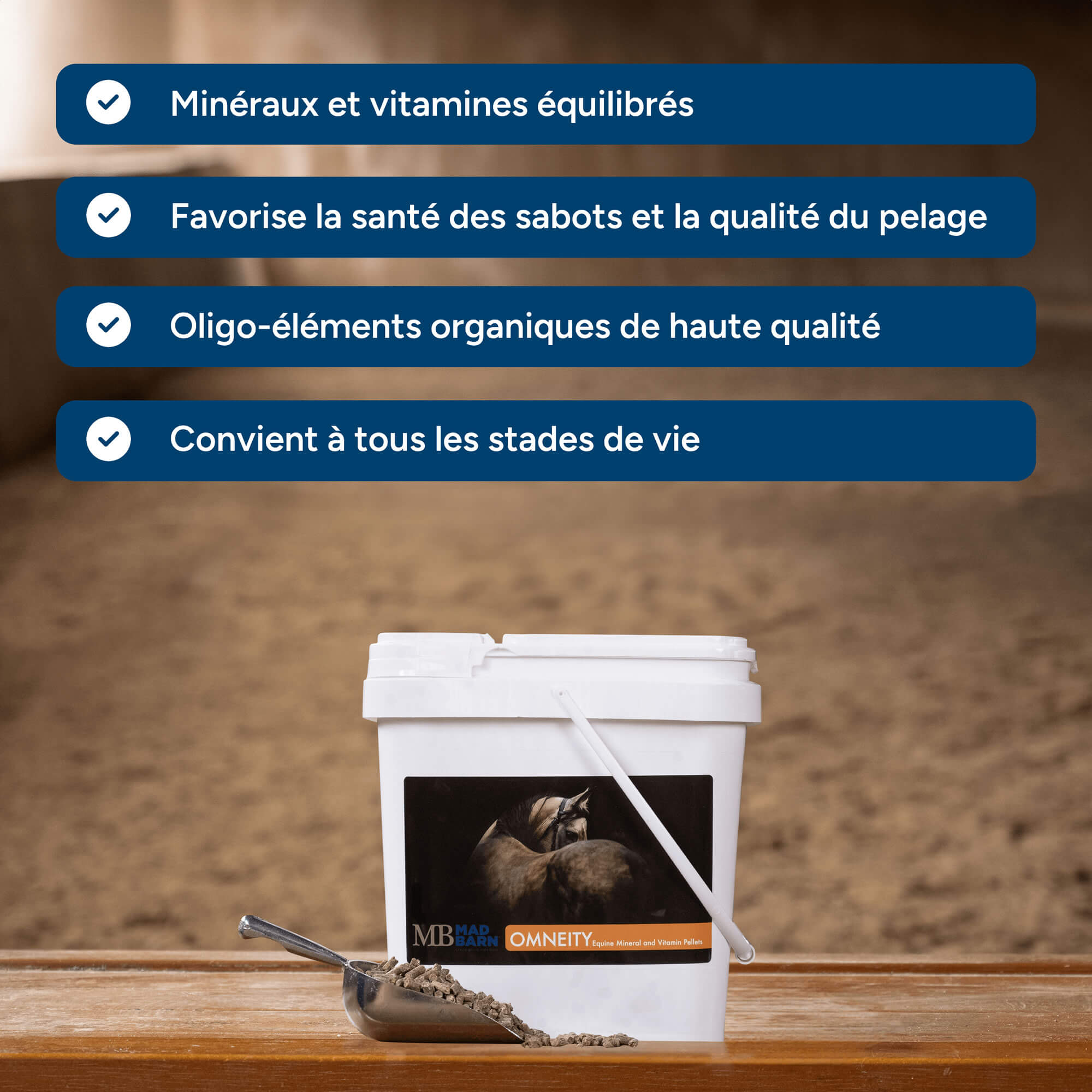 Pellets Omneity® Madbarn pour chevaux, compléments vitamines et minéraux pour la santé des sabots, en sac de 5 kg.
