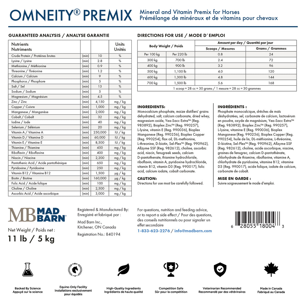 Pré-mélange Omneity® Premix 5 kg de soins pour chevaux avec analyse nutritionnelle, vitamines et minéraux par Madbarn