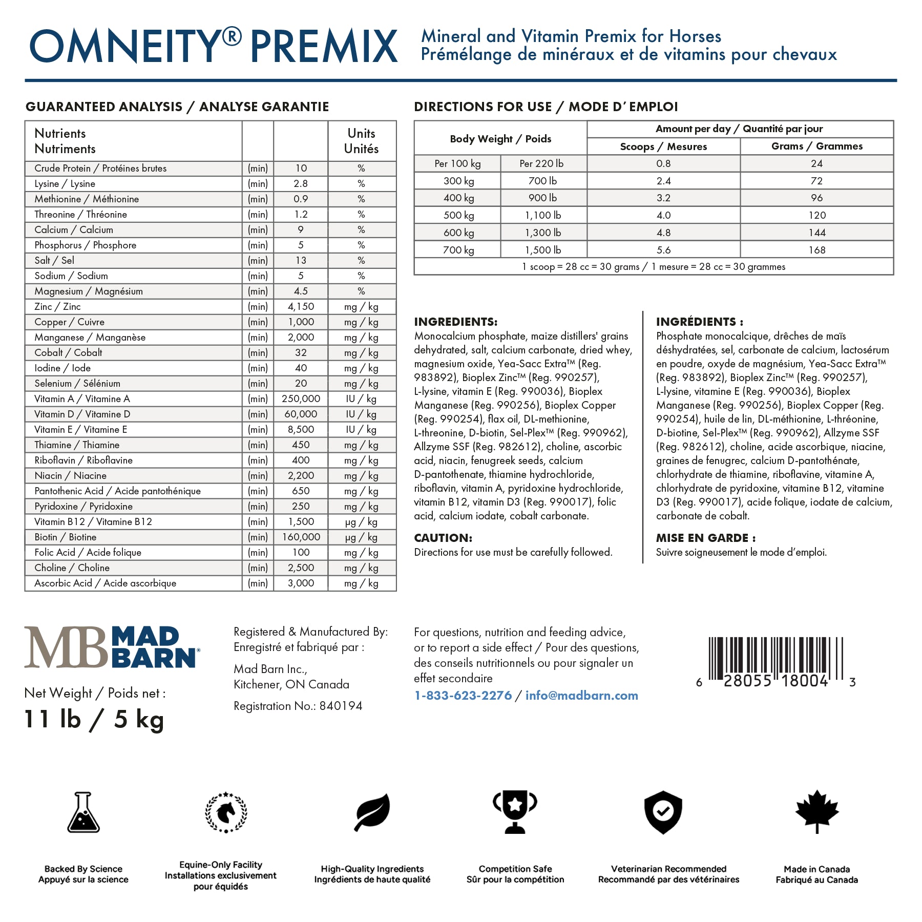 Pré-mélange Omneity® Premix 5 kg de soins pour chevaux avec analyse nutritionnelle, vitamines et minéraux par Madbarn