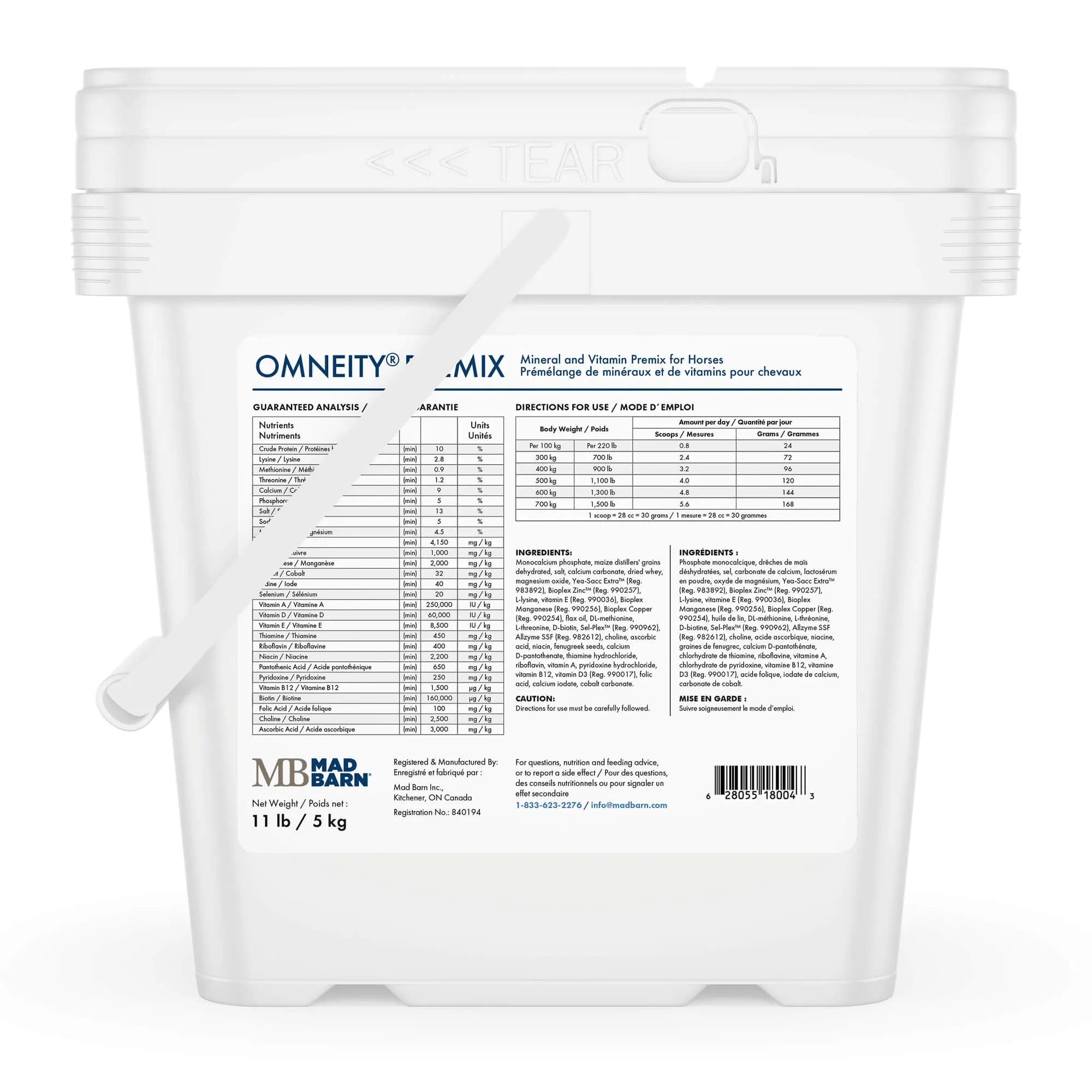 Supplément équin Omneity® Premix 5kg de Madbarn, soins vitaminés et minéraux pour chevaux, vue du dos de l'emballage.
