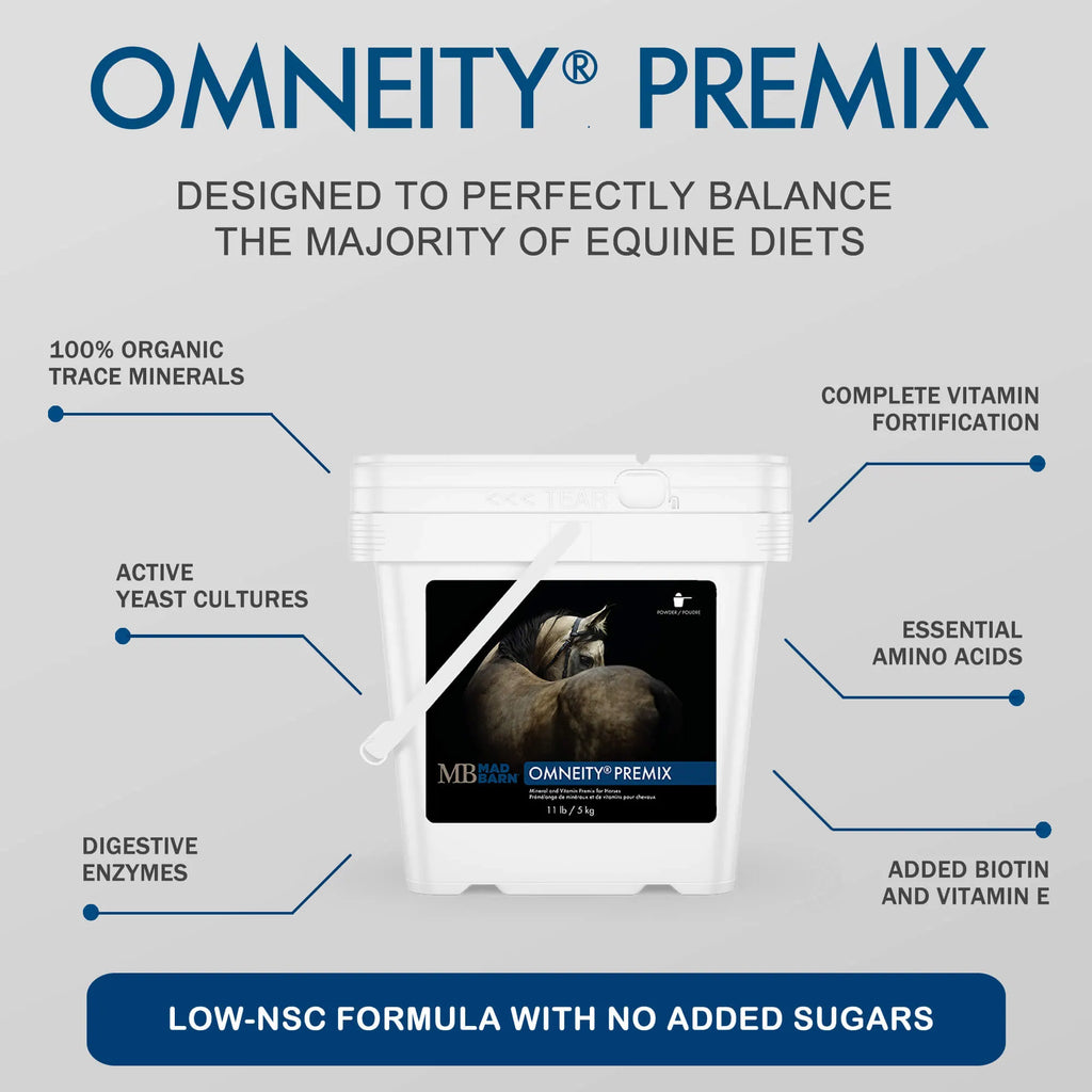 Supplément minéral et vitaminé Omneity® Premix Madbarn pour chevaux, en vrac, dans un sac de 5 kg.