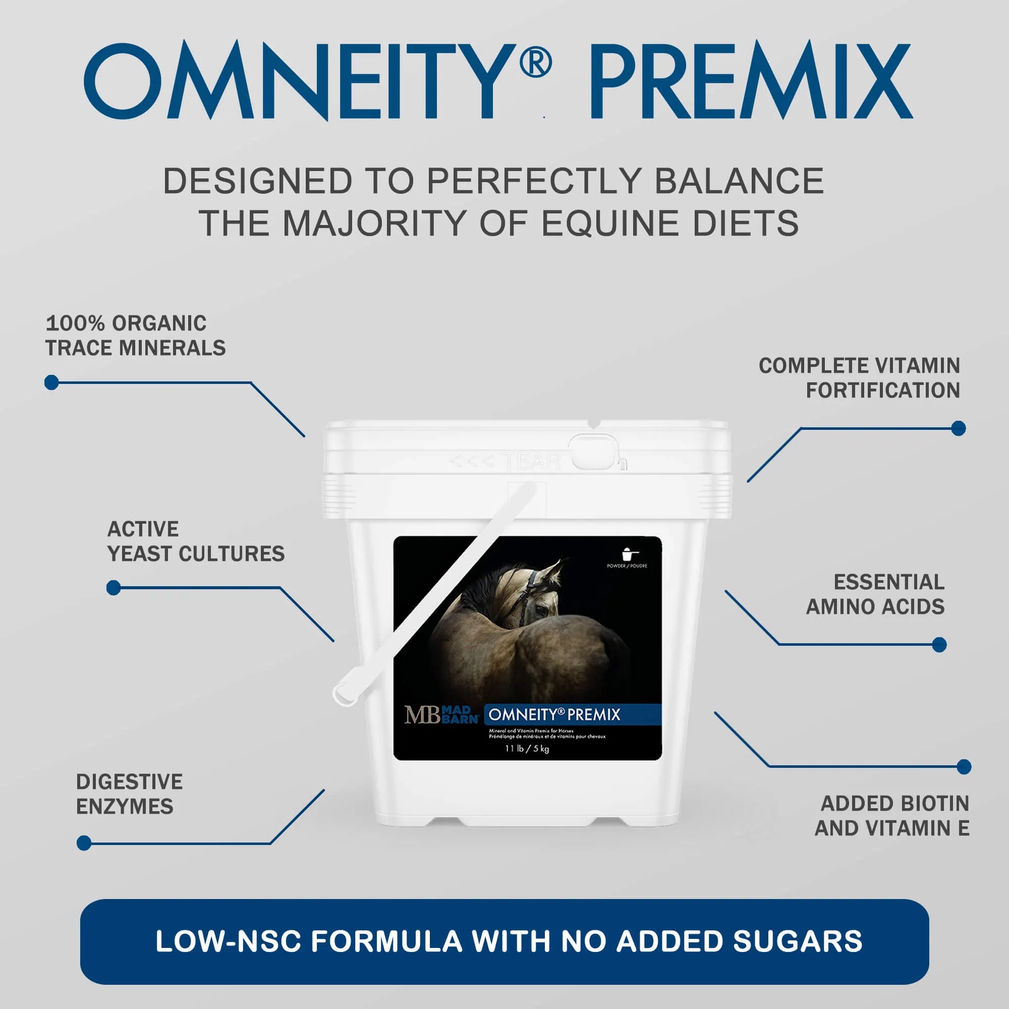Supplément minéral et vitaminé Omneity® Premix Madbarn pour chevaux, en vrac, dans un sac de 5 kg.