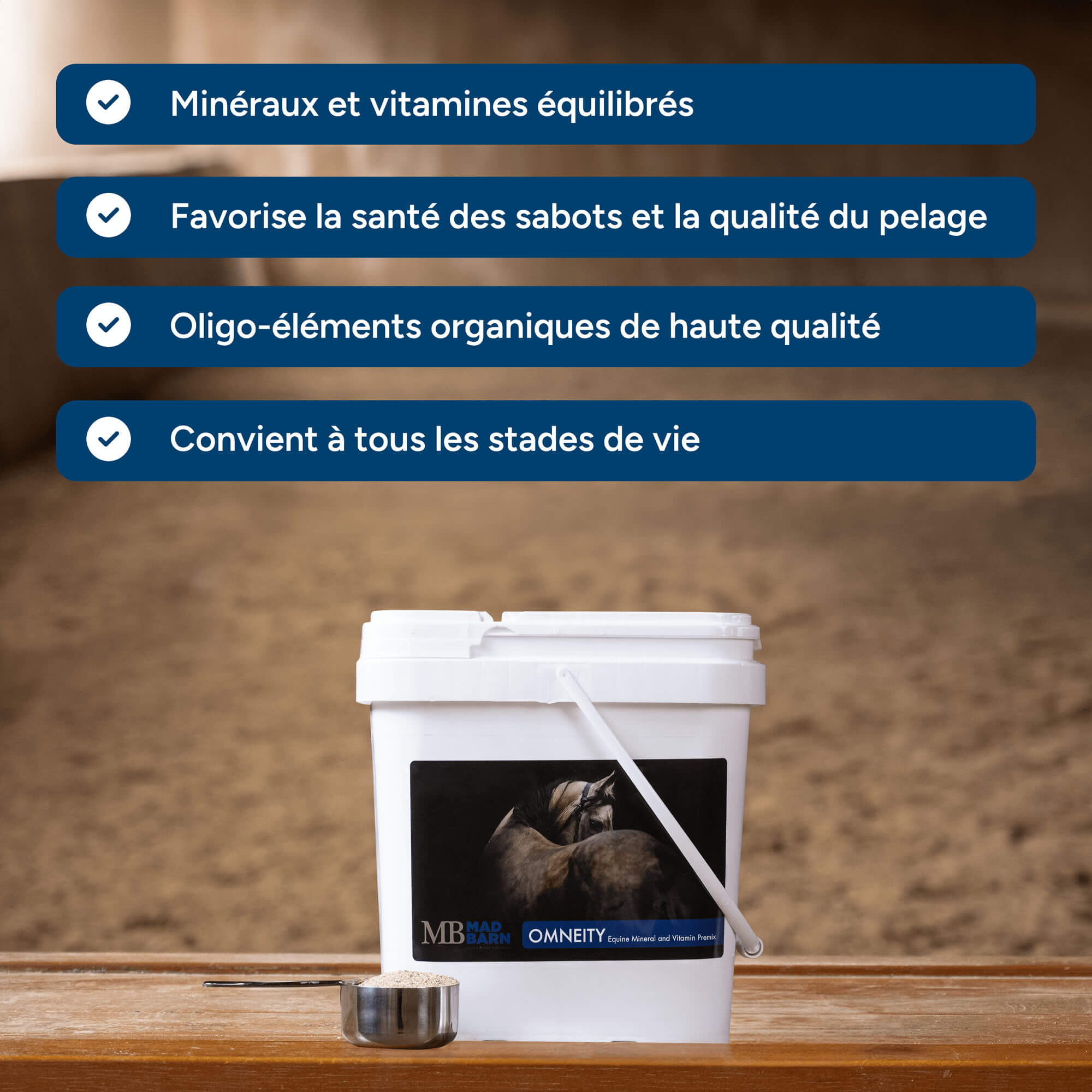 Prémixture Omneity® Madbarn pour chevaux, complément vitaminé et minéral pour la santé des sabots, 5 kg.