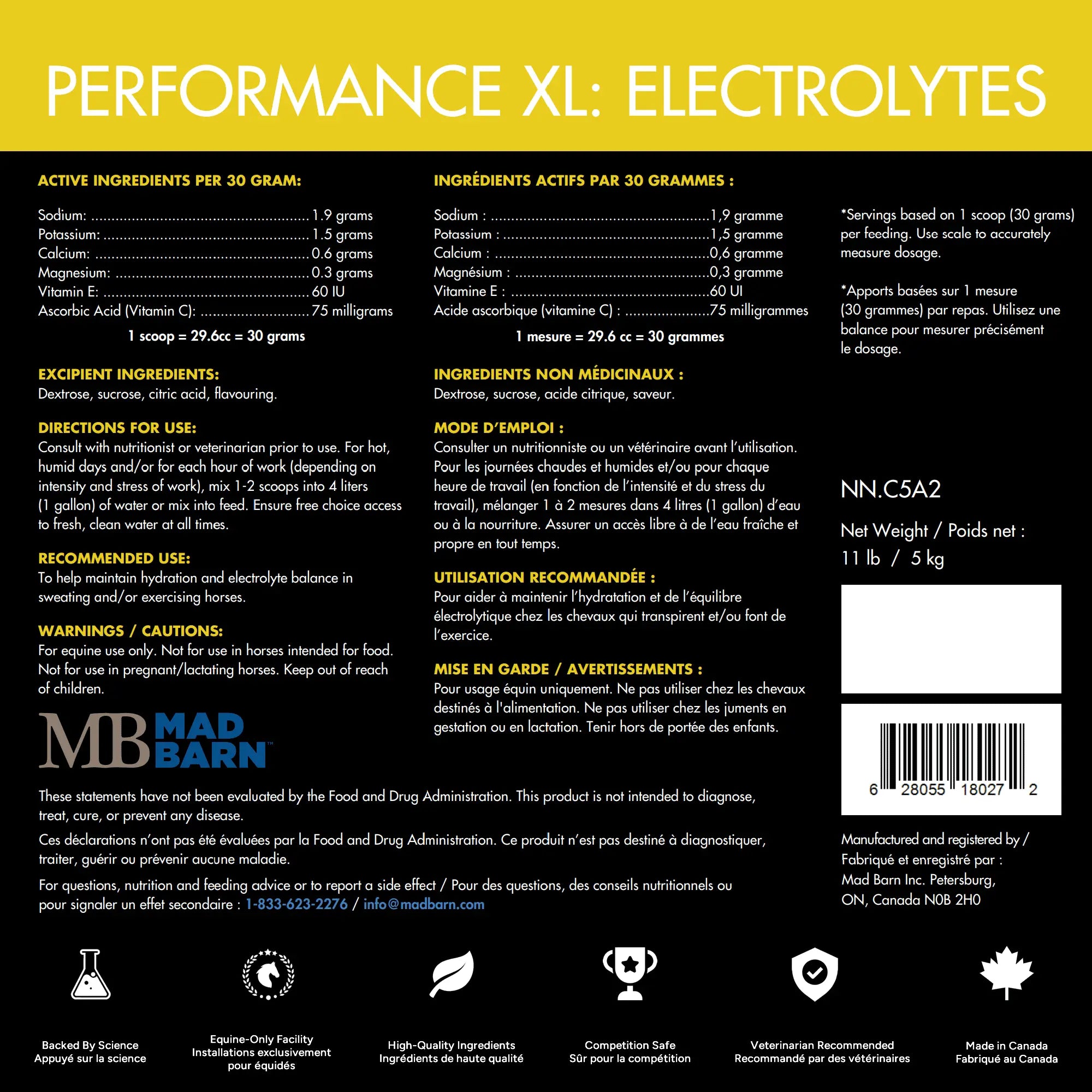 Étiquette du supplément d'électrolytes Performance XL de Madbarn pour chevaux, incluant le nom et la quantité de 1 kg.