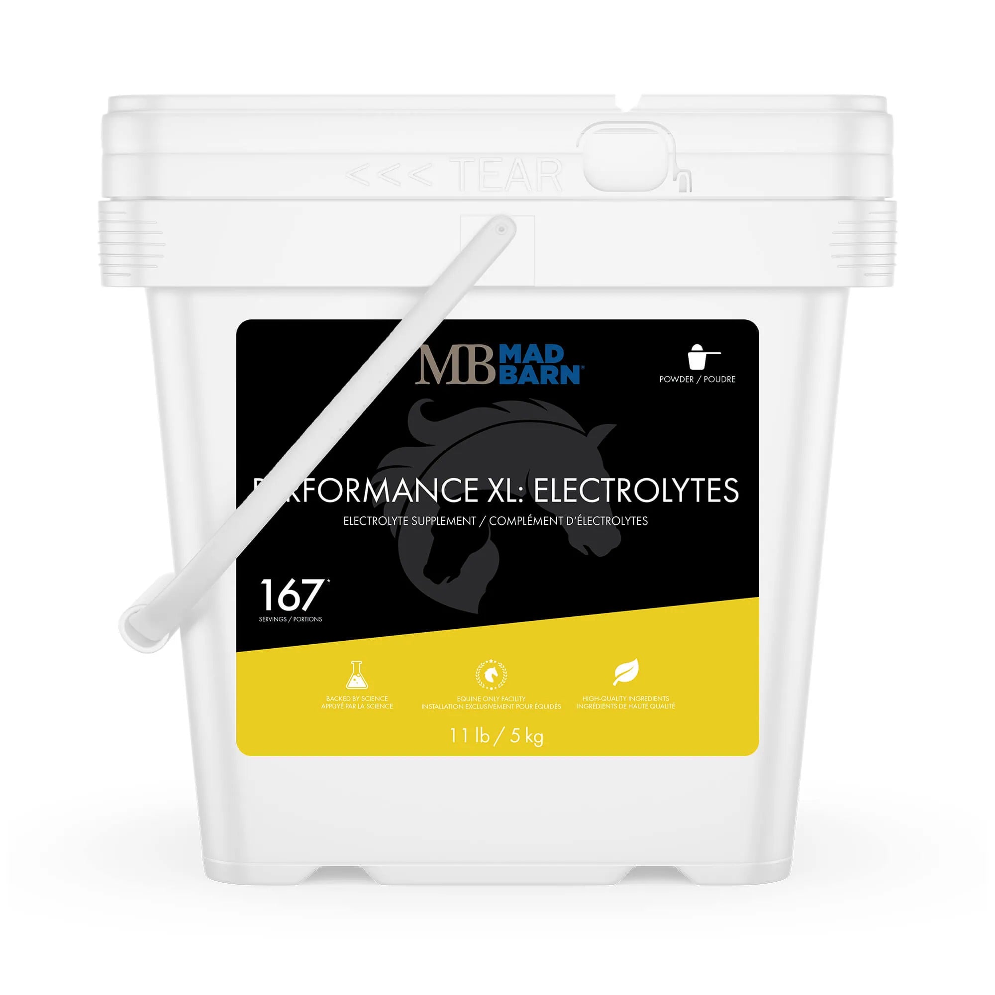 Supplément équin Performance XL Electrolytes de Madbarn, flacon de 5 kg, soin pour l'hydratation et la récupération des chevaux.