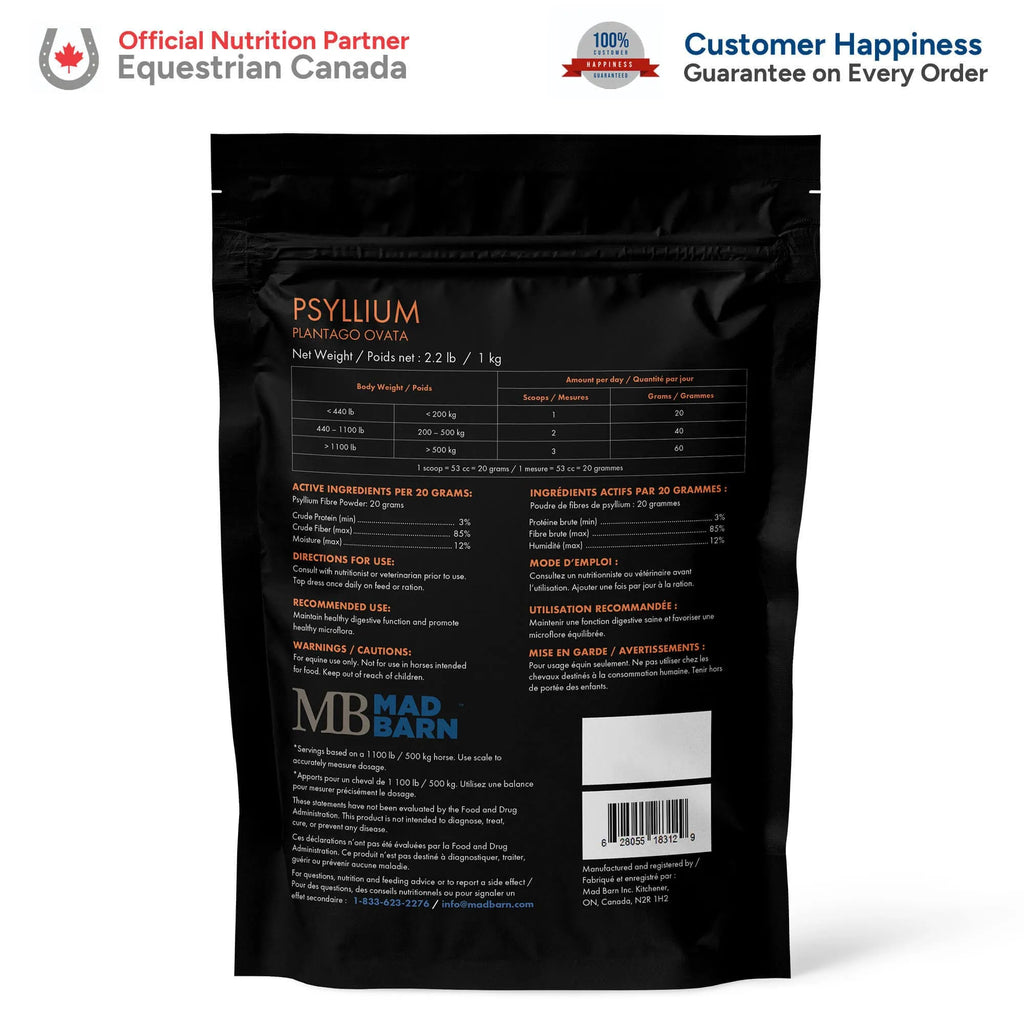 Supplément de psyllium Madbarn pour équins, 1 kg, soin naturel pour la santé digestive des chevaux.