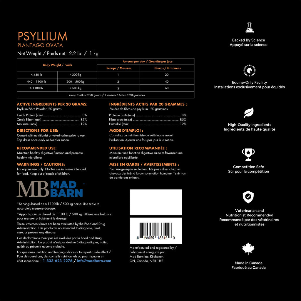 Supplément de psyllium Madbarn pour chevaux, 1 kg, avec ingrédients naturels pour le soin digestif équin.