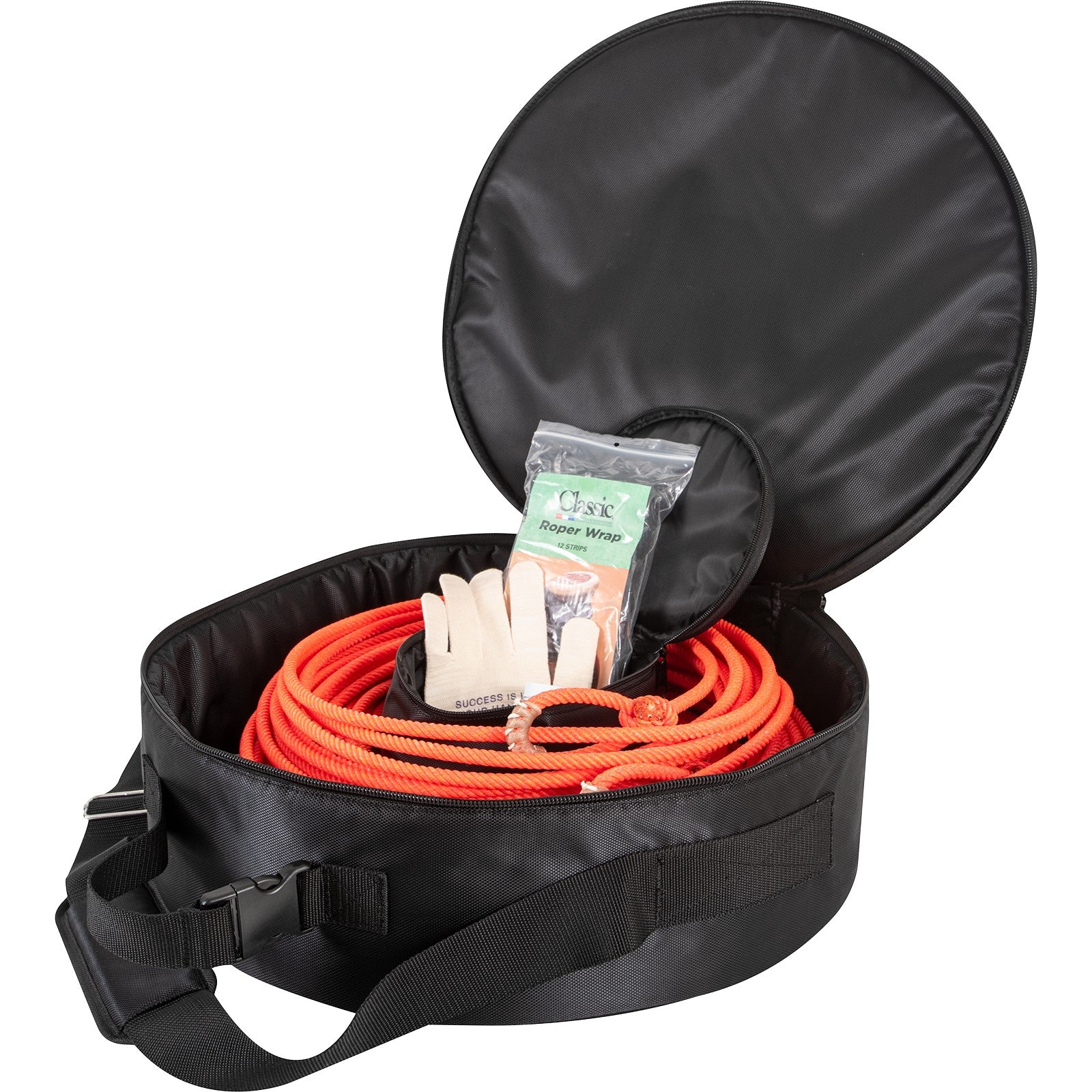 Sac à ropes breakaway Equibrand en tissu noir avec boucles de sécurité pour animaux de compagnie.