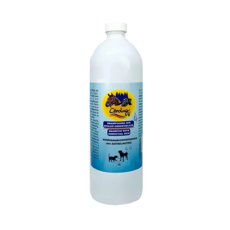 Shampoing Citrobug Cavalier pour chevaux et chiens, flacon de 1L, liquide nettoyant antipuces et rafraîchissant.