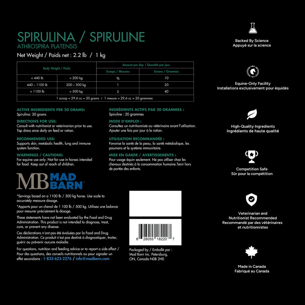 Étiquette de supplément de spiruline pour équins ES Sellerie Western, 1 kg, montrant ingrédients naturels et label.