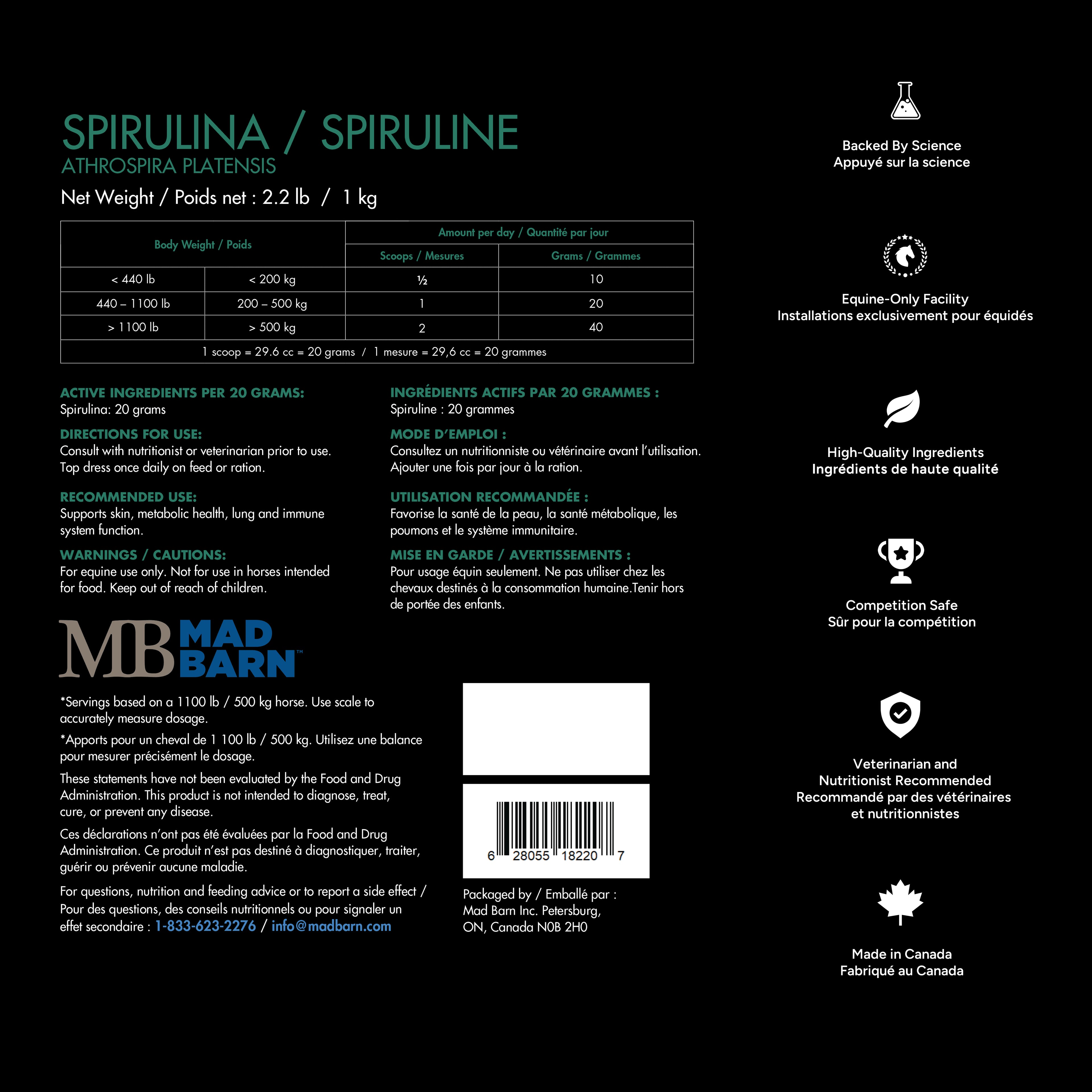 Étiquette de supplément de spiruline pour équins ES Sellerie Western, 1 kg, montrant ingrédients naturels et label.