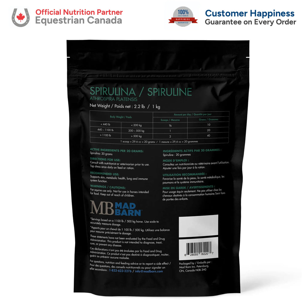 Poudre de spiruline ES Sellerie Western pour équins, complément nutritionnel vert en sachet de 1 kg.