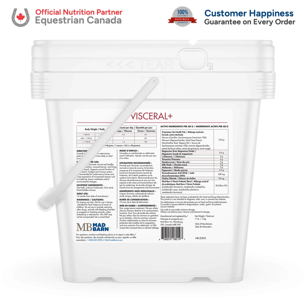 Pellets digestifs Visceral+ Madbarn pour chevaux, contenant probiotiques et prébiotiques, en sac de 2,5 kg.
