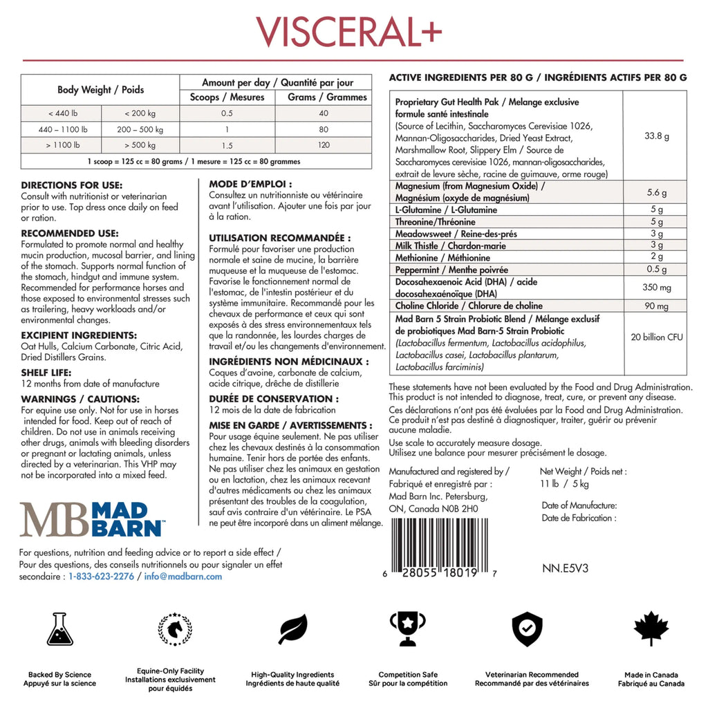 Complément digestif Visceral+ Madbarn pour chevaux, 2,5 kg, avec ingrédients naturels pour soutenir la santé intestinale.