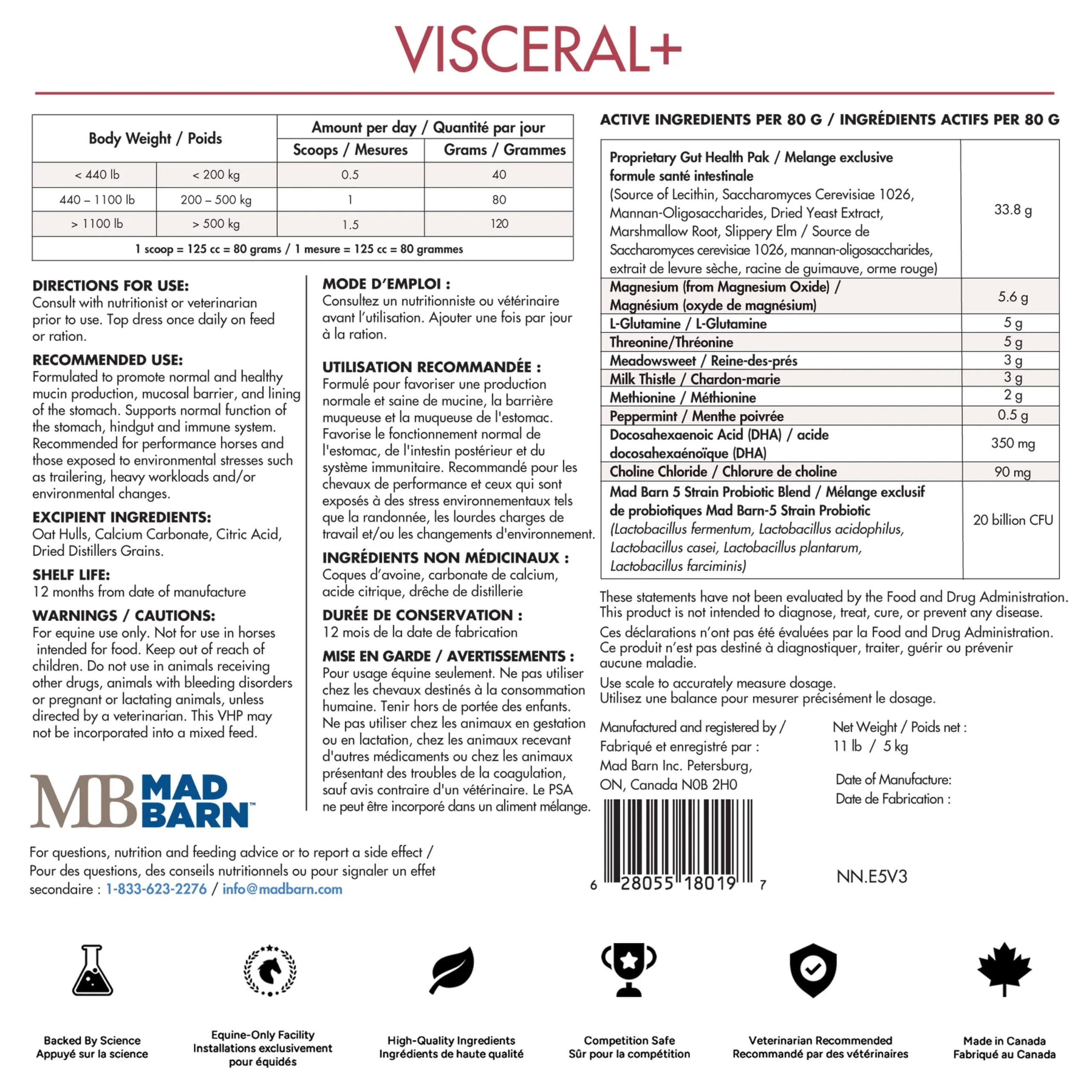 Complément digestif Visceral+ Madbarn pour chevaux, 2,5 kg, avec ingrédients naturels pour soutenir la santé intestinale.