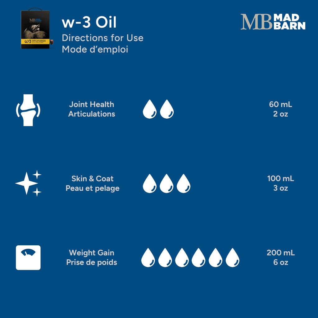 Huile W-3 Energy Madbarn, supplément pour soins équins, bouteille avec pipette pour administration orale.
